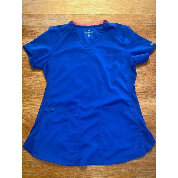 Med Couture Womens XS Scrub Top Blue V-Neck Short Sleeve Two Pockets Side Panels - Picture 1 of 6